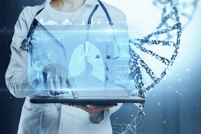 Close-up of doctor's hand using a tablet with a hologram